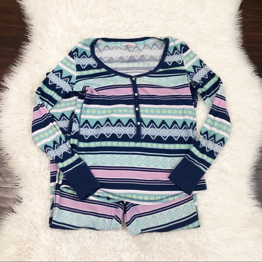 Victoria's Secret Navy Pink Mint Striped Henley Pajama Set